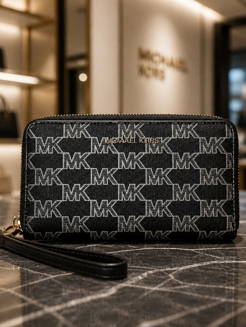 MICHAEL KORS Black and Gold MK Logo Zip Wallet Wristlet